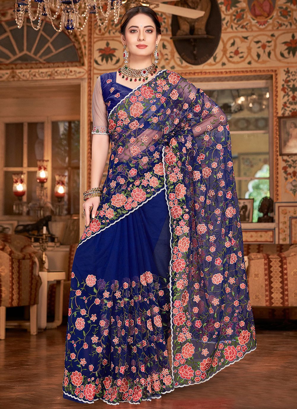 Classic Net Blue Embroidered Saree