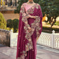 Classic Organza Tissue Wine Embroidered Saree