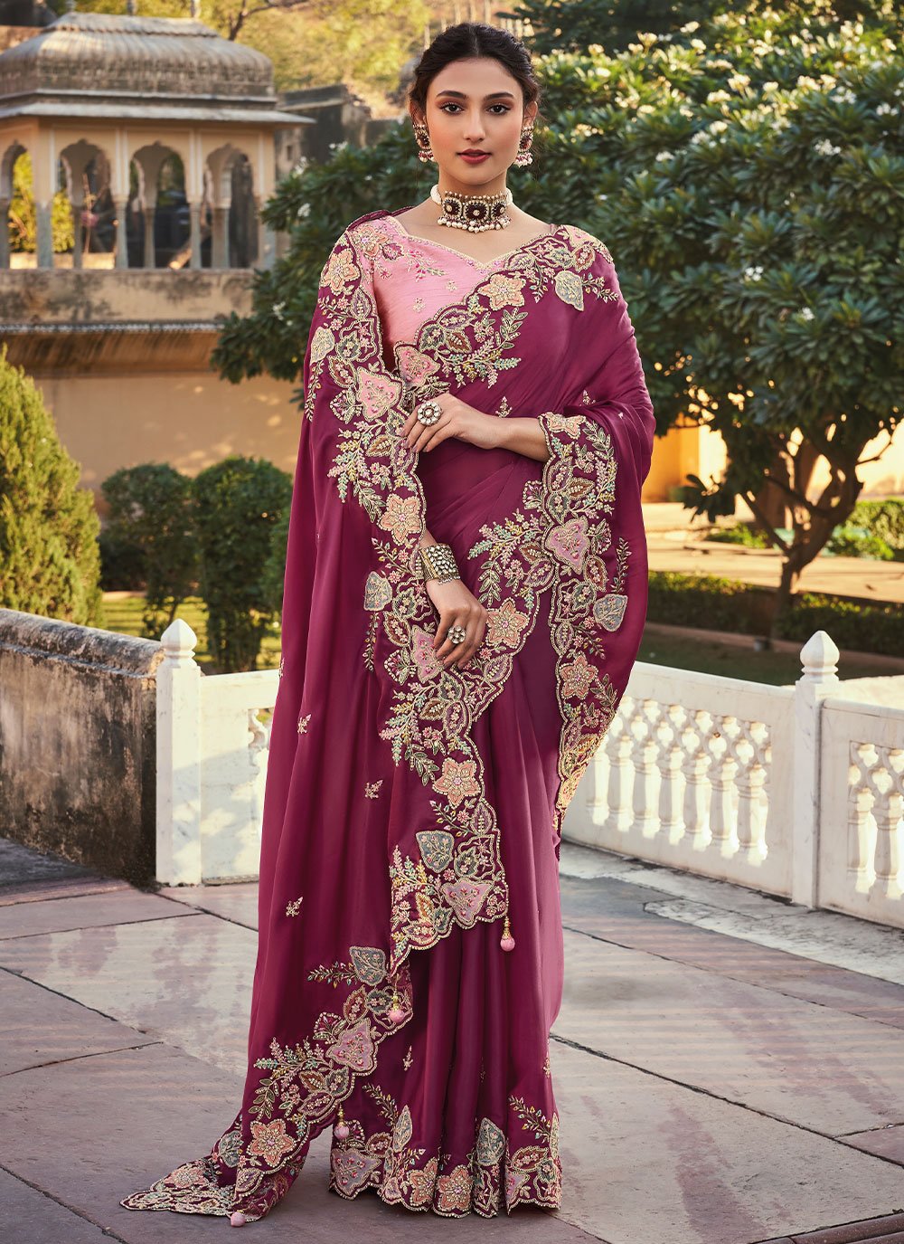 Classic Organza Tissue Wine Embroidered Saree