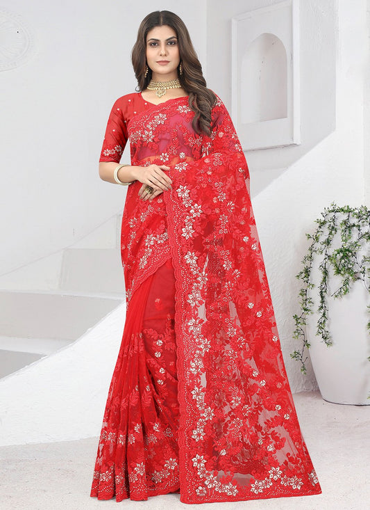 Classic Net Red Embroidered Saree