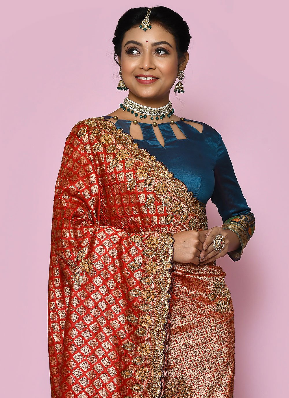 Classic Kanjivaram Silk Blue Red Hand Work Saree