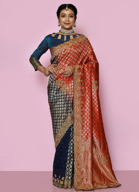 Classic Kanjivaram Silk Blue Red Hand Work Saree