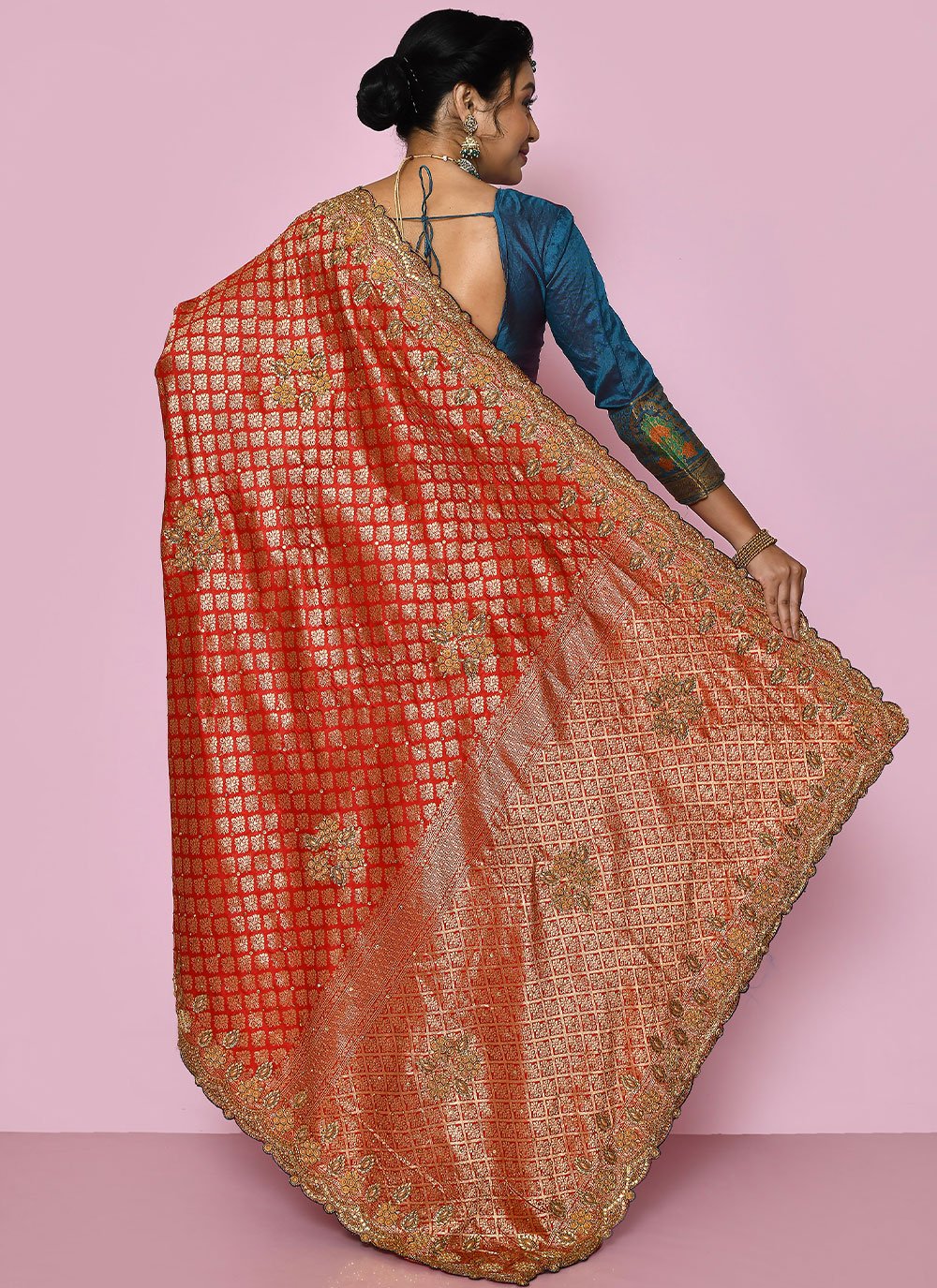 Classic Kanjivaram Silk Blue Red Hand Work Saree