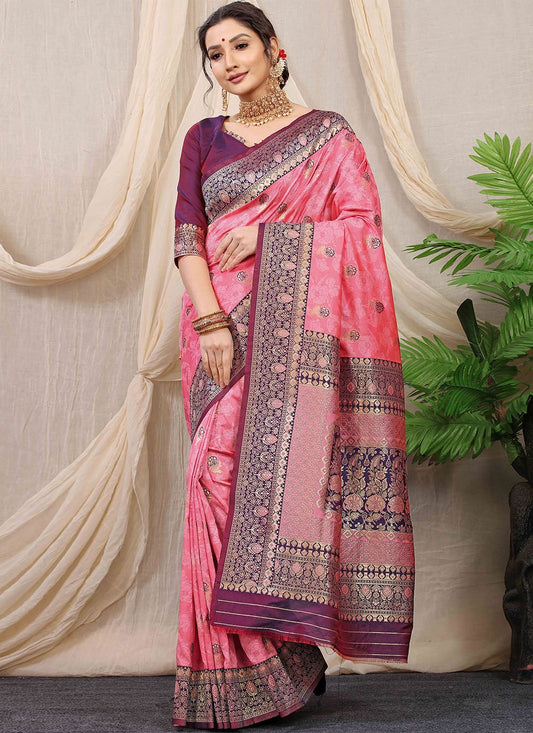 Classic Banarasi Silk Pink Jacquard Work Saree