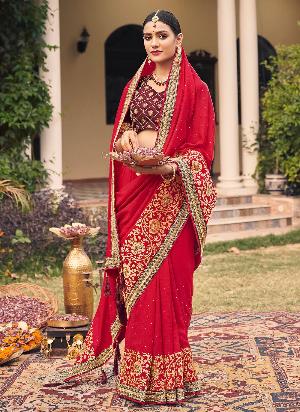 Classic Vichitra Silk Red Embroidered Saree