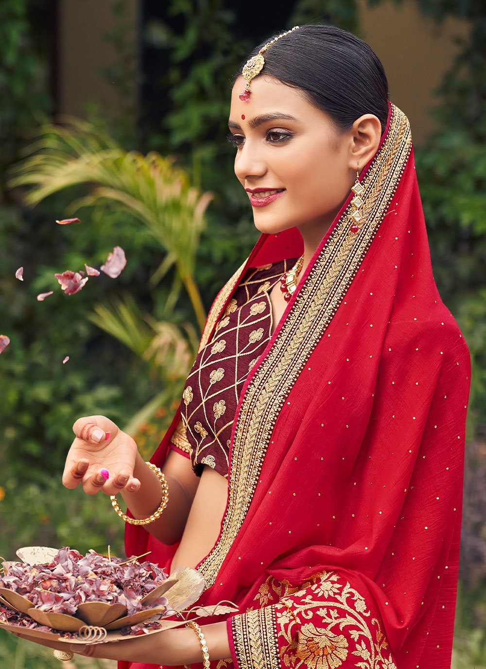 Classic Vichitra Silk Red Embroidered Saree