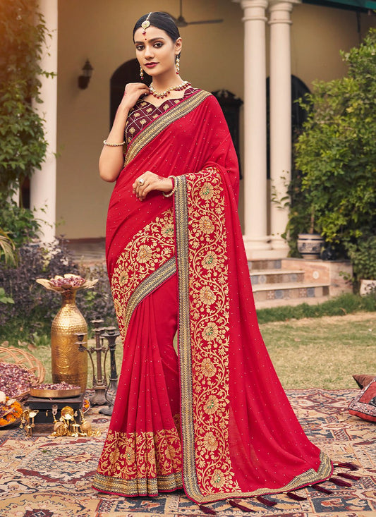 Classic Vichitra Silk Red Embroidered Saree