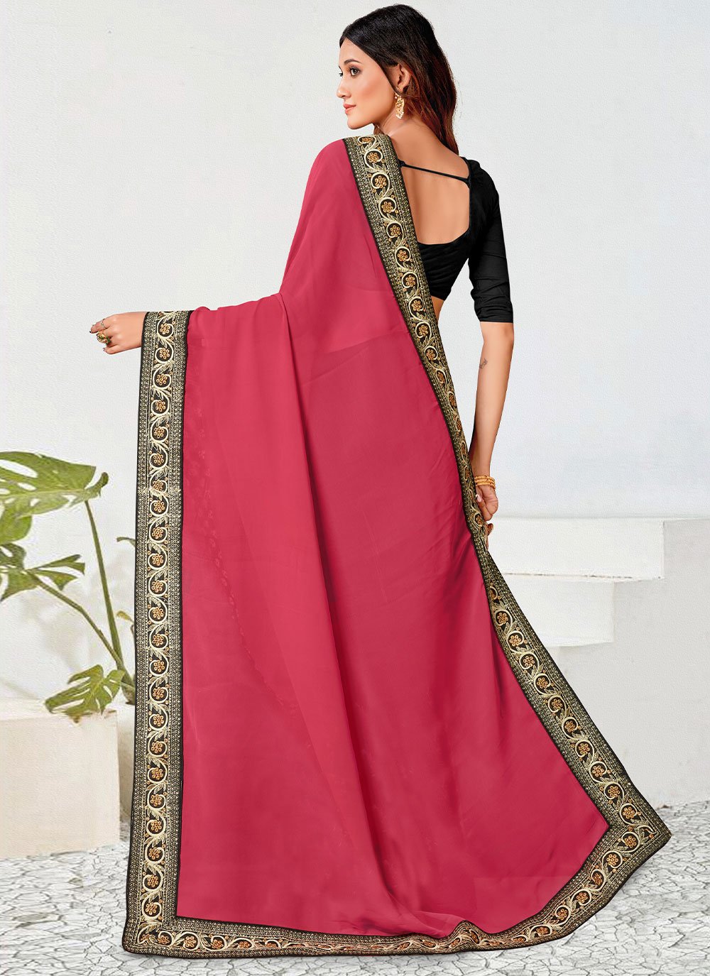 Classic Georgette Black Hot Pink Multi Saree