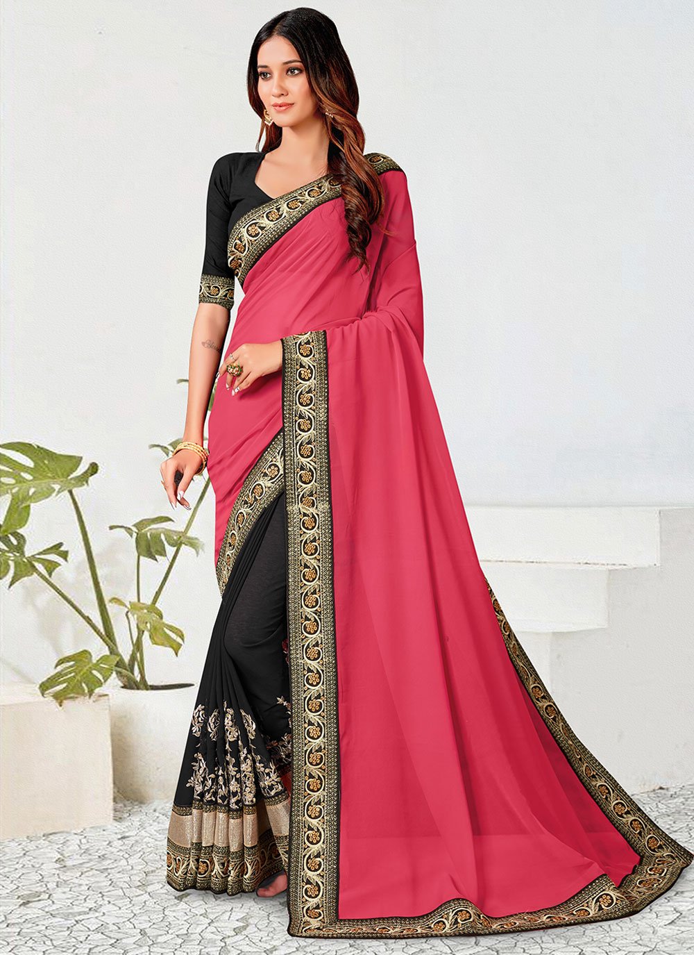 Classic Georgette Black Hot Pink Multi Saree