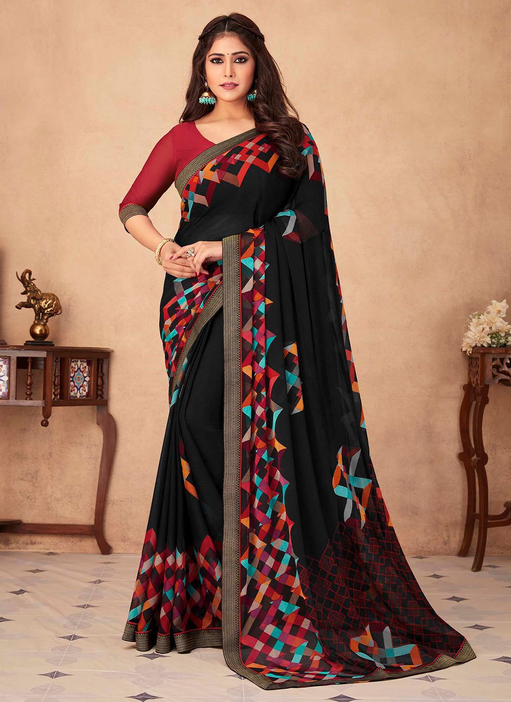 Classic Chiffon Multi Colour Print Saree