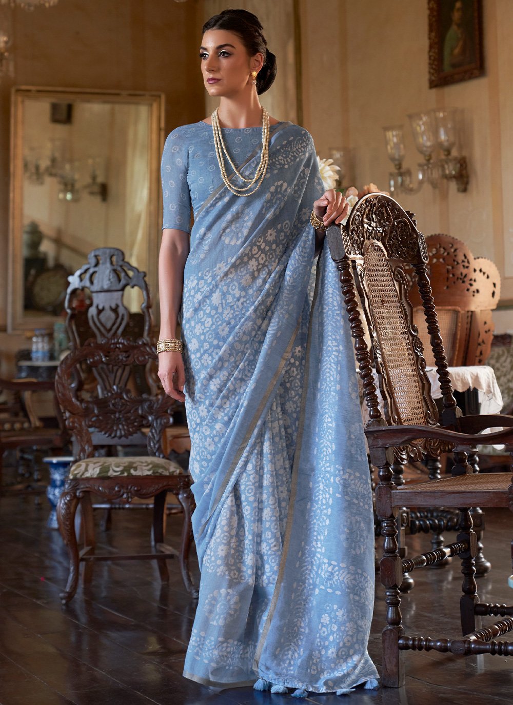 Classic Cotton Aqua Blue Print Saree