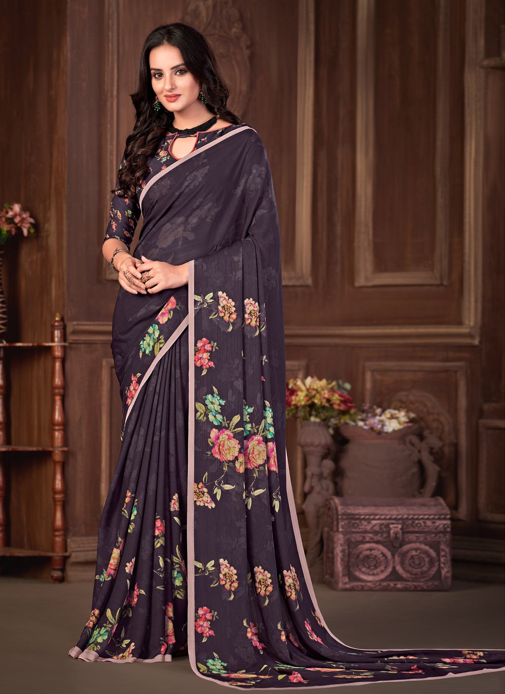 Classic Georgette Lavender Print Saree