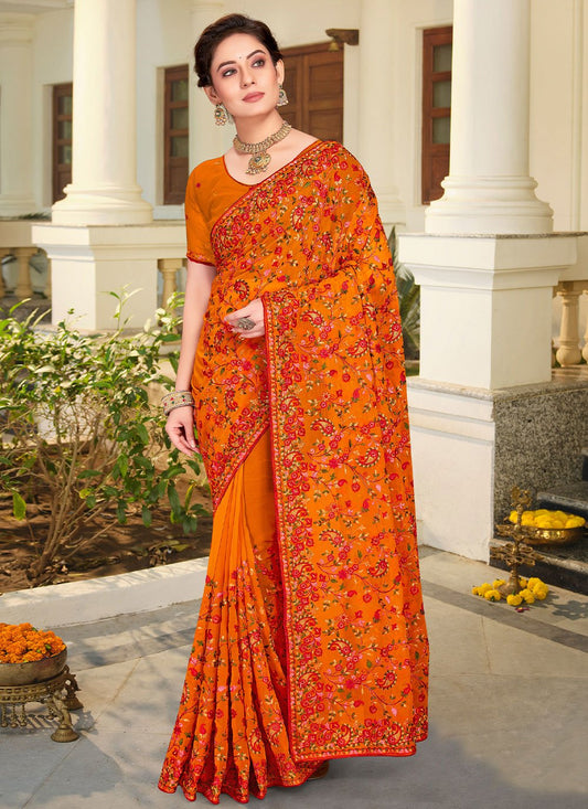 Classic Georgette Orange Embroidered Saree