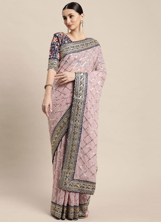 Classic Georgette Pink Embroidered Saree