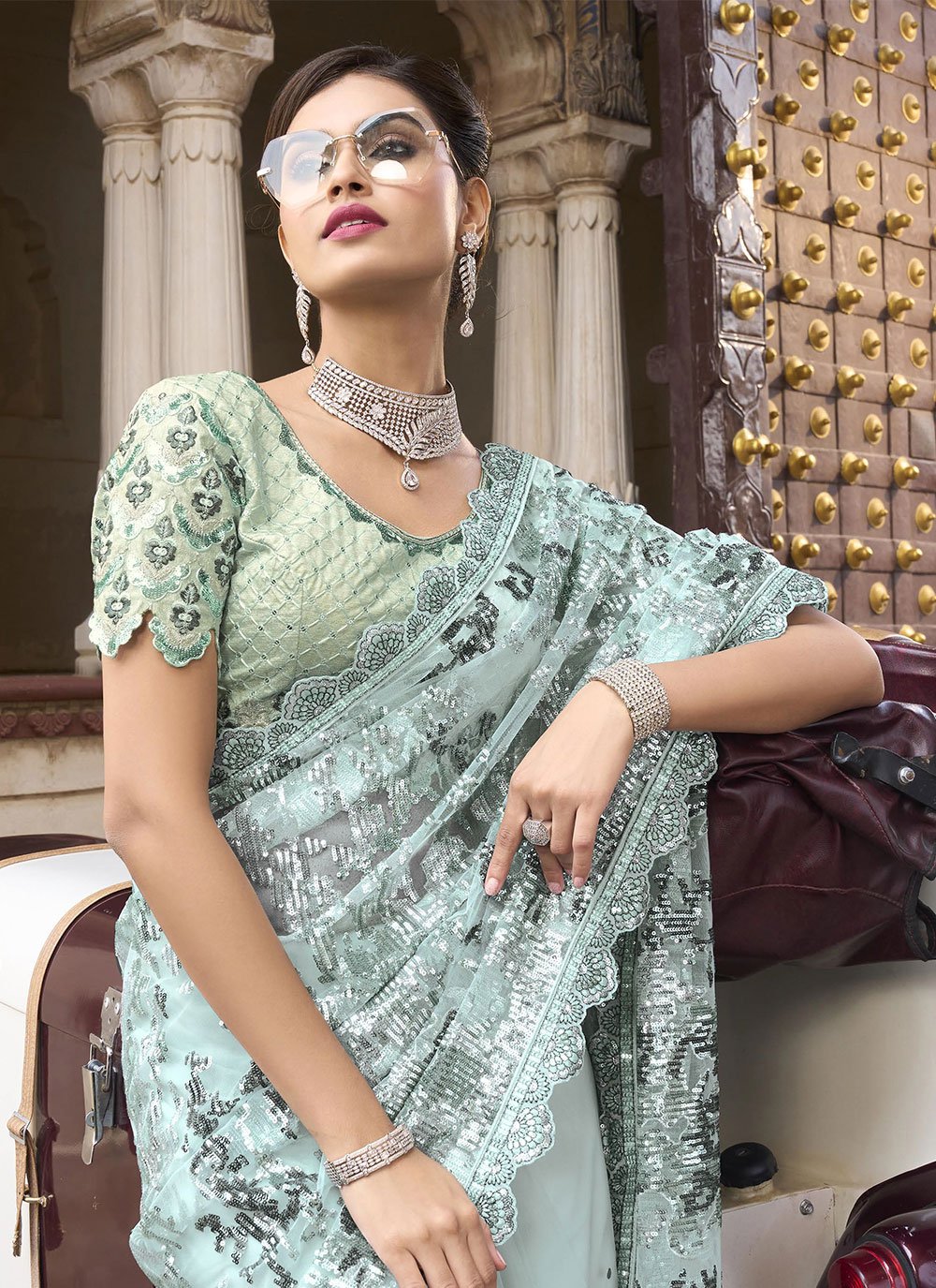 Classic Imported Net Sea Green Embroidered Saree