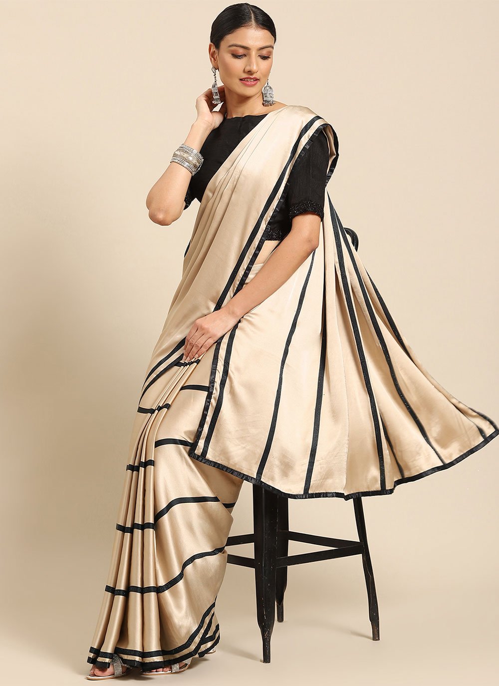 Classic Satin Beige Strips Print Saree