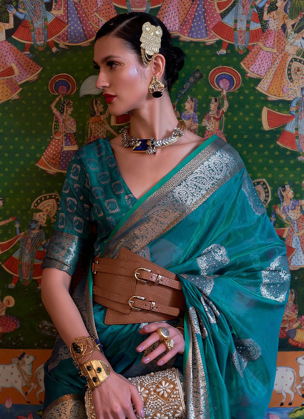 Classic Organza Teal Weaving Saree