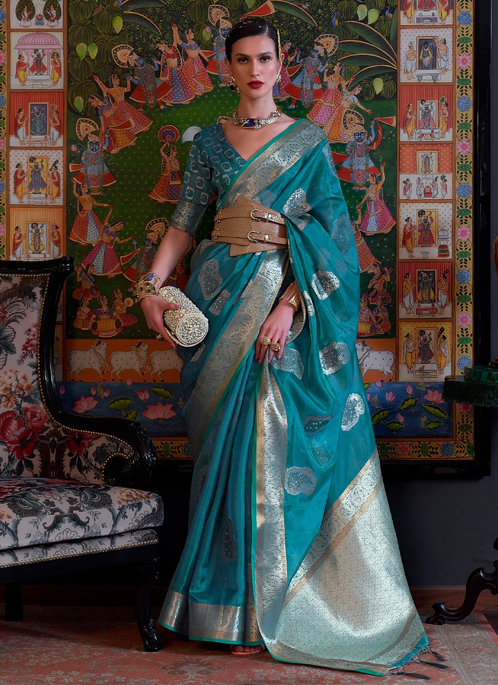 Classic Organza Teal Weaving Saree