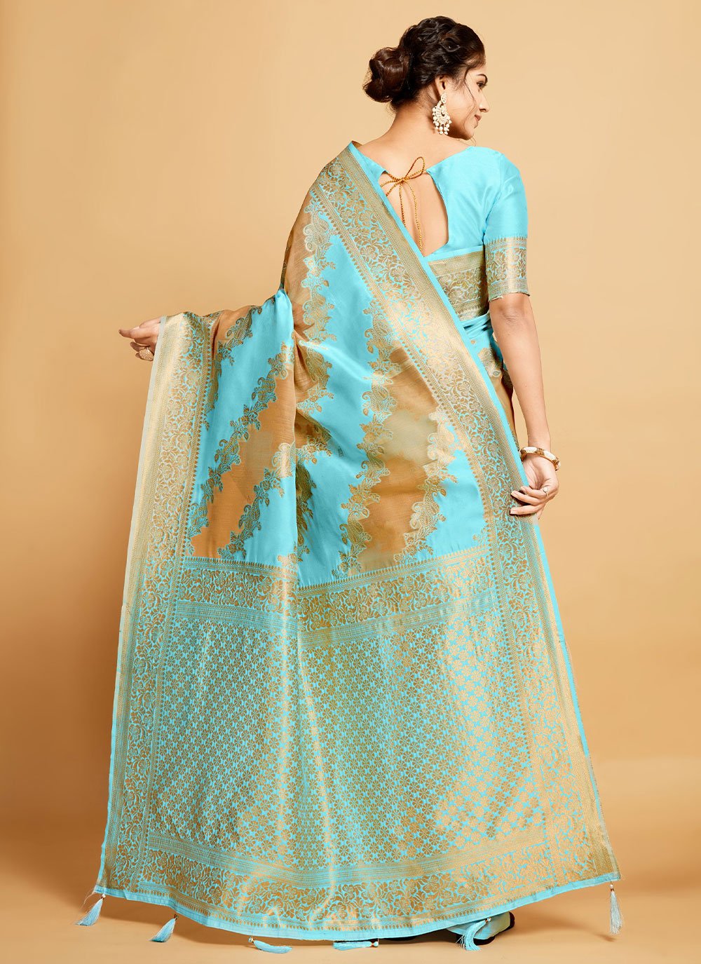 Classic Linen Aqua Blue Woven Saree