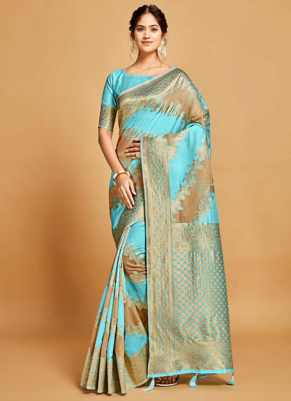 Classic Linen Aqua Blue Woven Saree