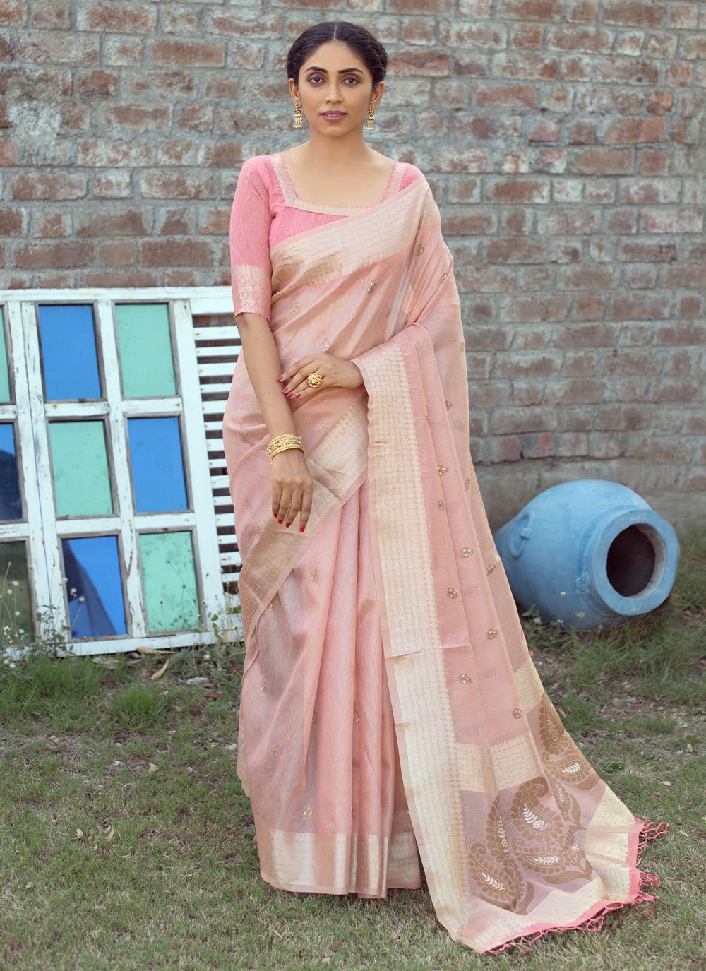 Classic Linen Tissue Pink Woven Saree