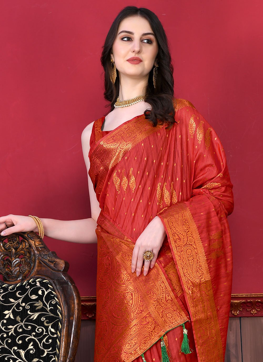 Classic Katan Silk Red Patch Border Saree