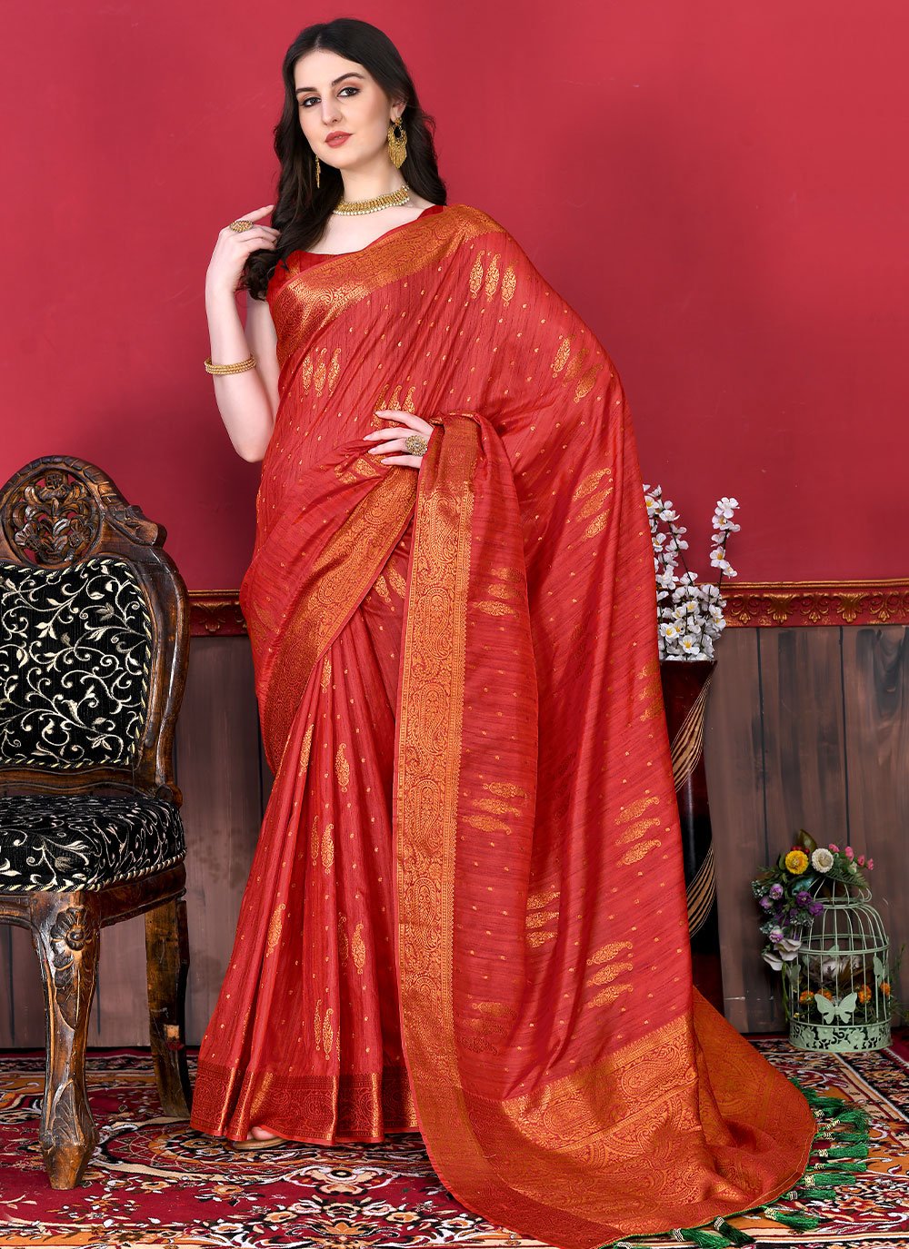 Classic Katan Silk Red Patch Border Saree