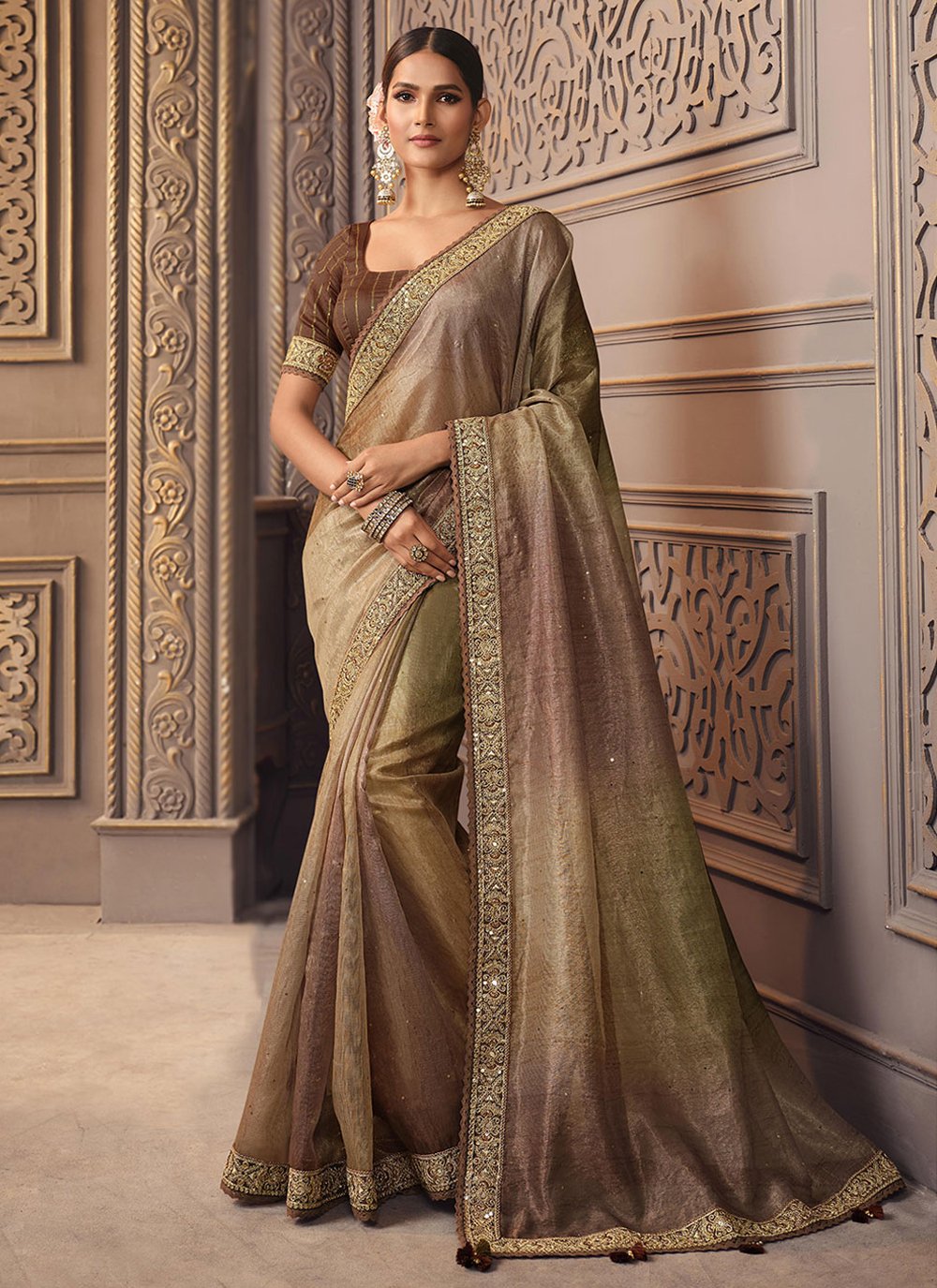 Classic Viscose Brown Embroidered Saree