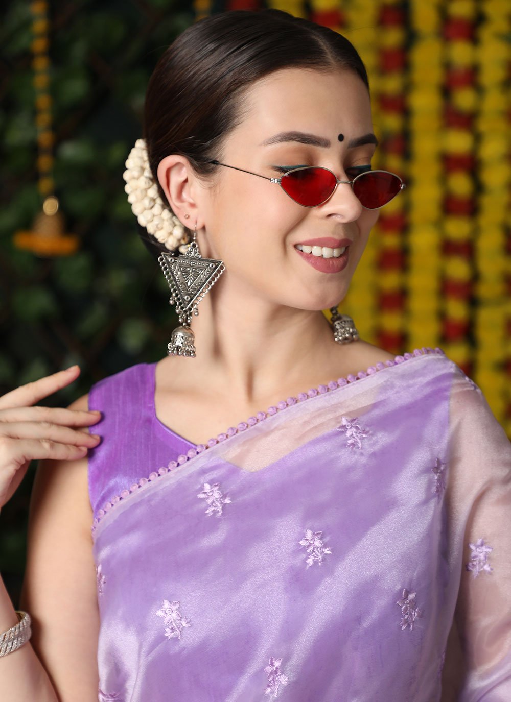 Contemporary Organza Silk Purple Booti Saree