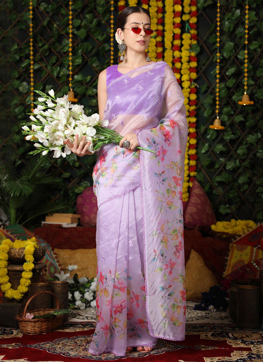 Contemporary Organza Silk Purple Booti Saree