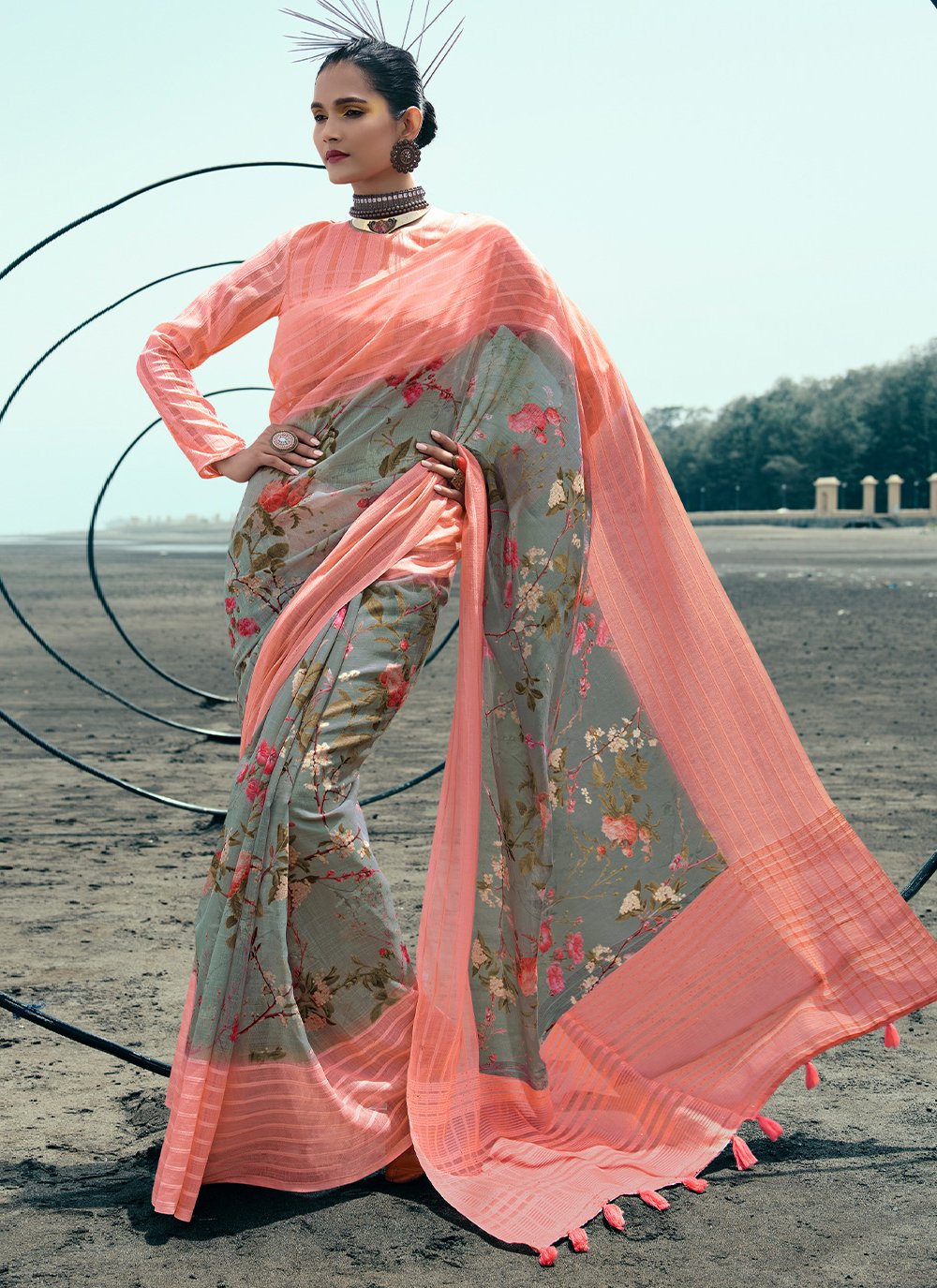 Contemporary Linen Grey Pink Digital Print Saree