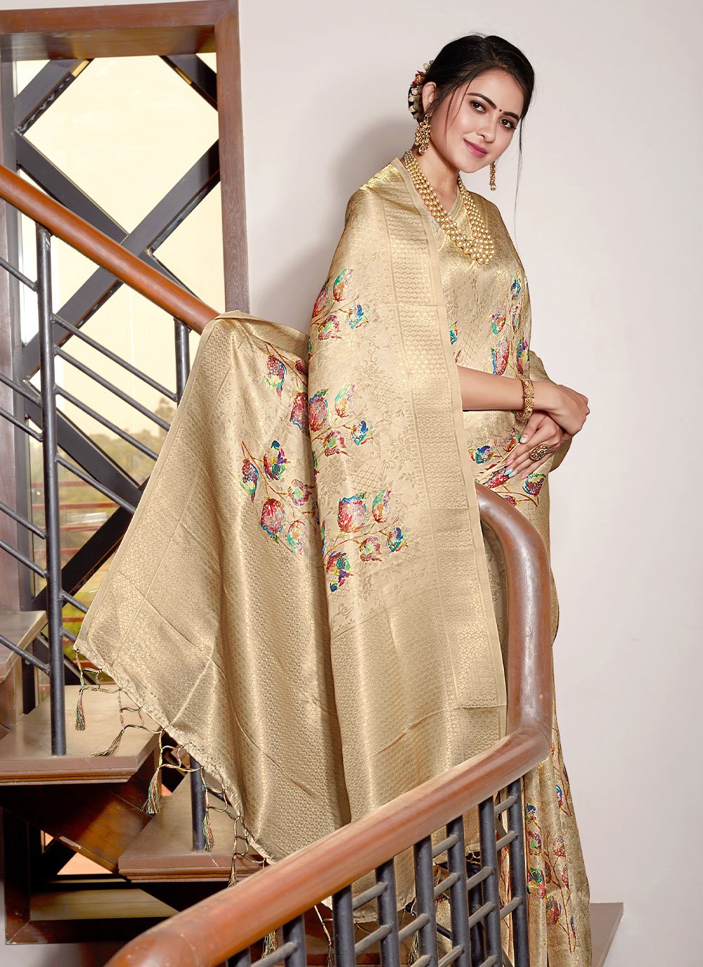 Contemporary Silk Beige Digital Print Saree