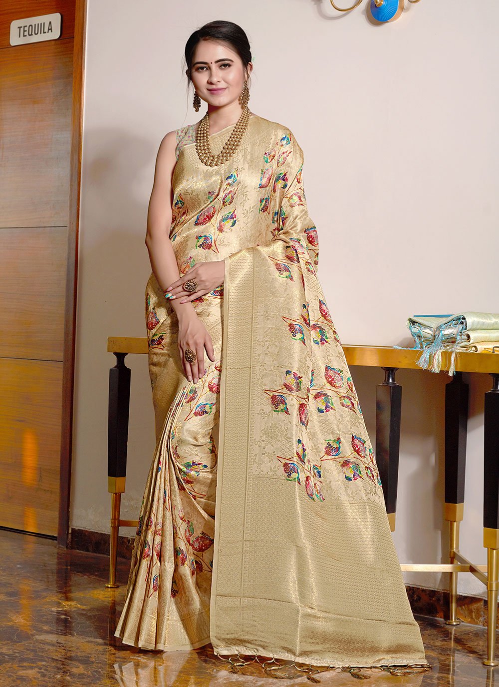 Contemporary Silk Beige Digital Print Saree