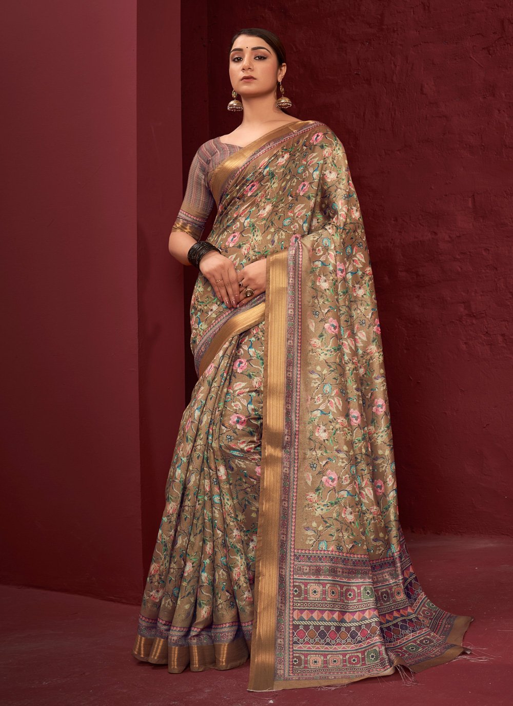 Contemporary Silk Beige Digital Print Saree