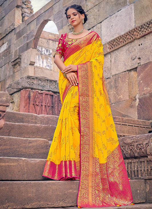 Contemporary Georgette Yellow Embroidered Saree