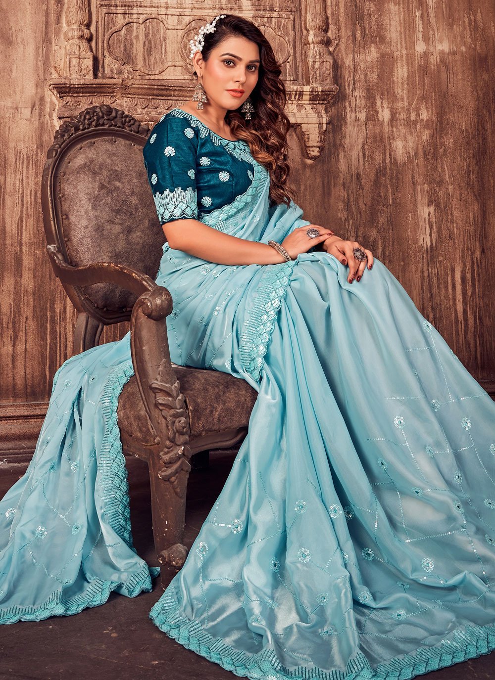 Contemporary Satin Silk Aqua Blue Embroidered Saree