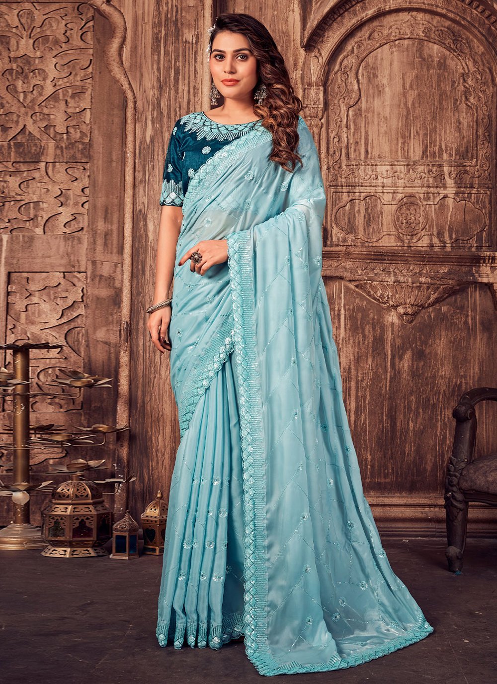 Contemporary Satin Silk Aqua Blue Embroidered Saree