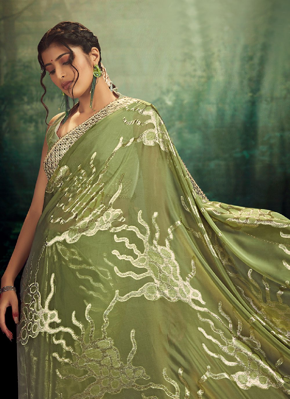 Contemporary Jacquard Rangoli Sea Green Fancy Work Saree