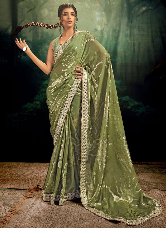 Contemporary Jacquard Rangoli Sea Green Fancy Work Saree