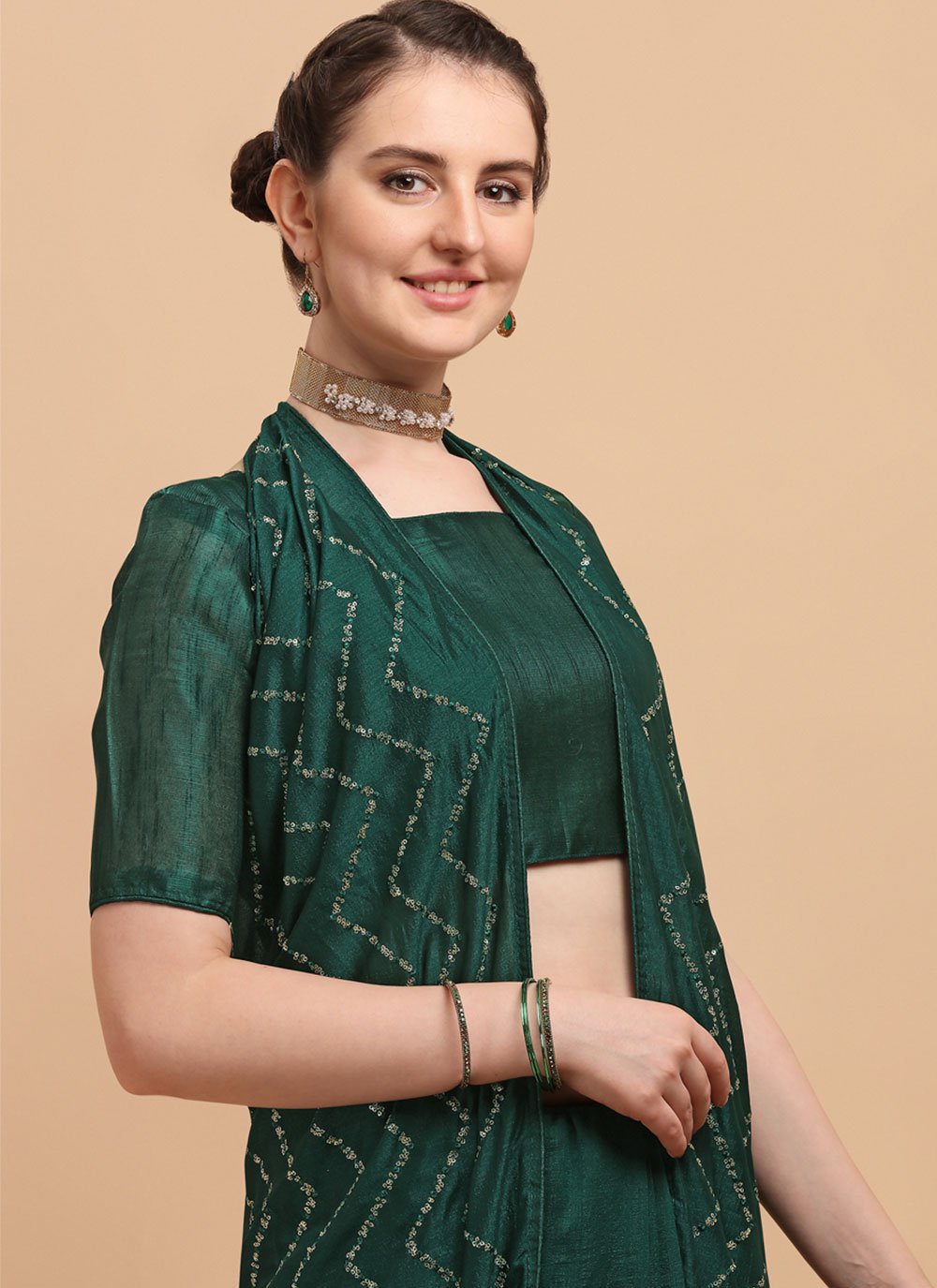 Contemporary Vichitra Silk Green Sequins Saree