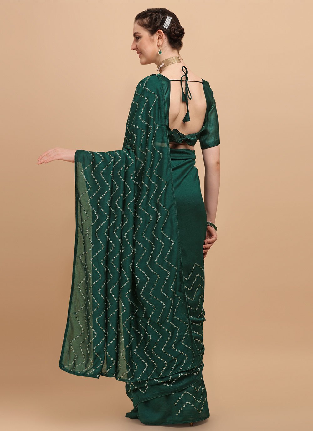 Contemporary Vichitra Silk Green Sequins Saree