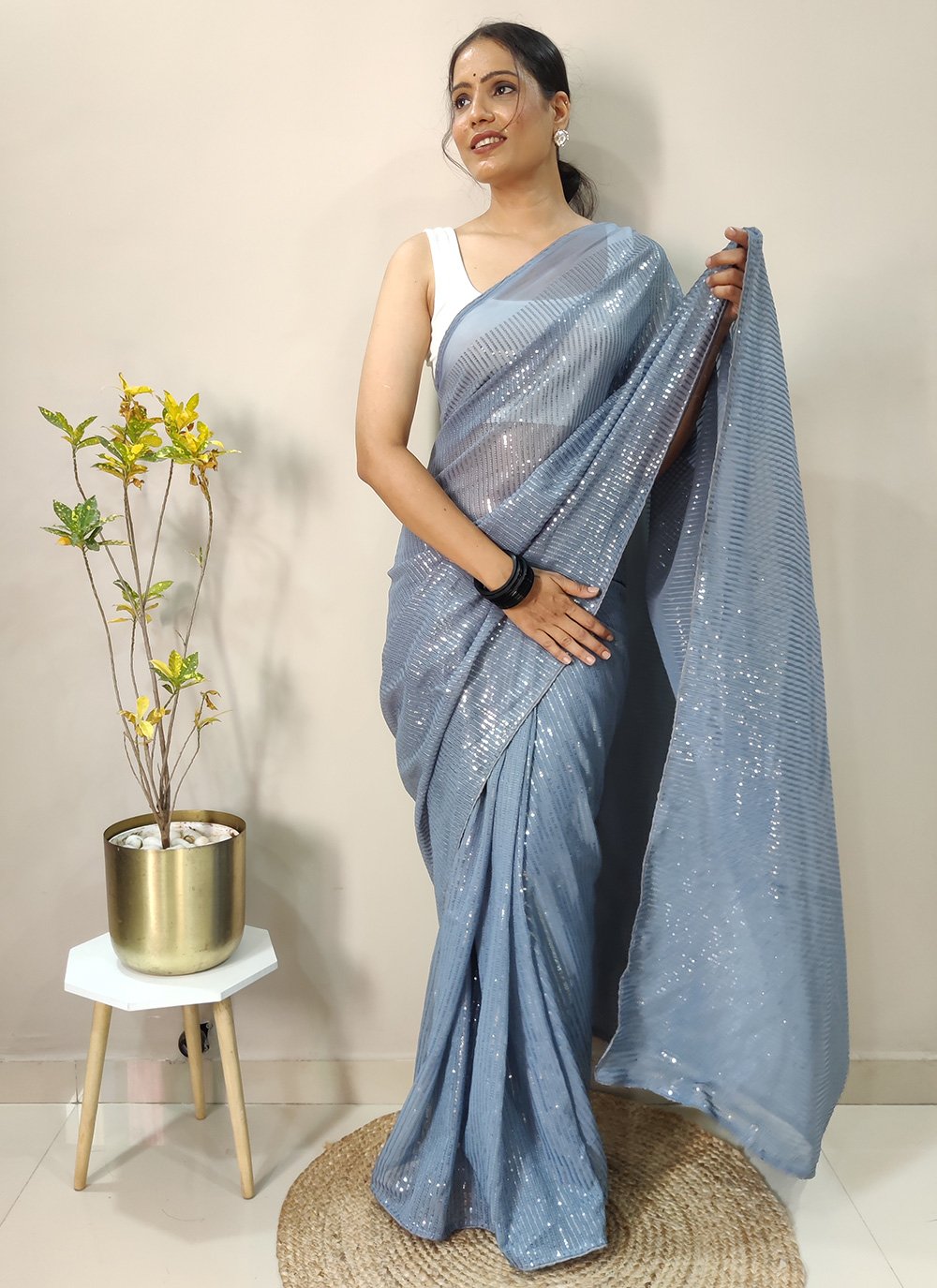 Contemporary Georgette Grey Sequins Saree