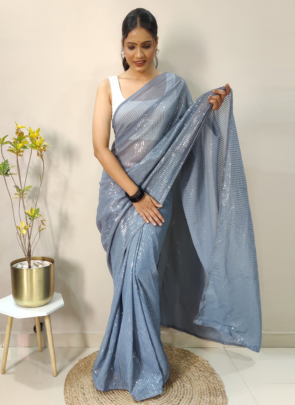 Contemporary Georgette Grey Sequins Saree