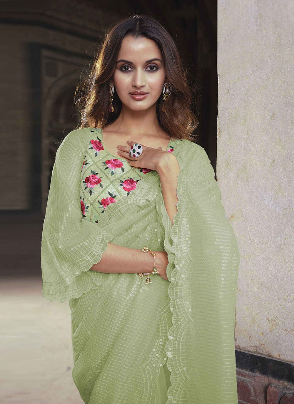 Contemporary Net Green Sequins Saree