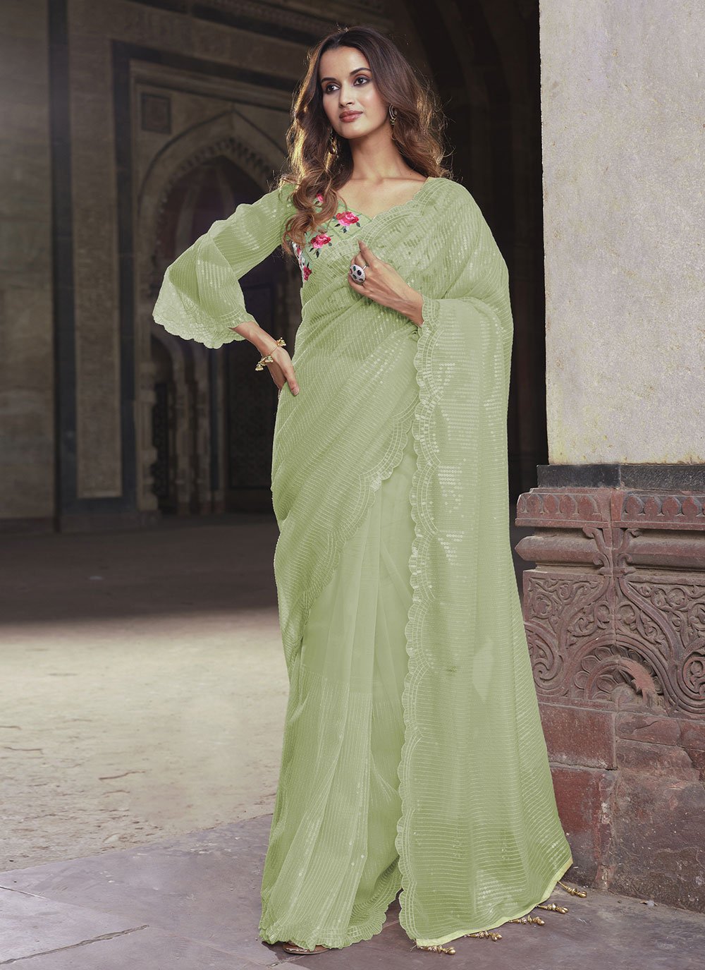 Contemporary Net Green Sequins Saree