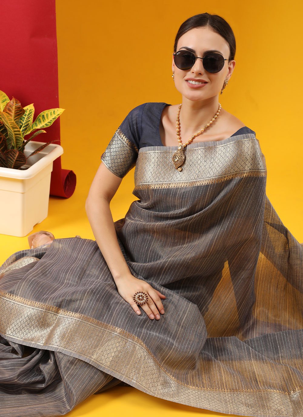 Contemporary Linen Tissue Blue Strips Print Saree