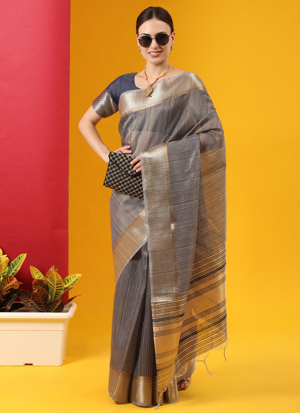 Contemporary Linen Tissue Blue Strips Print Saree