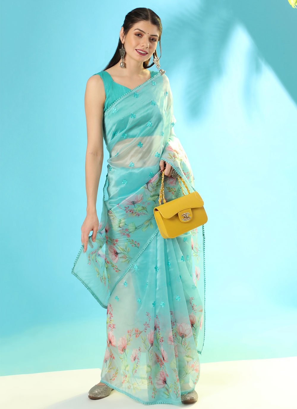 Contemporary Organza Silk Firozi Booti Saree