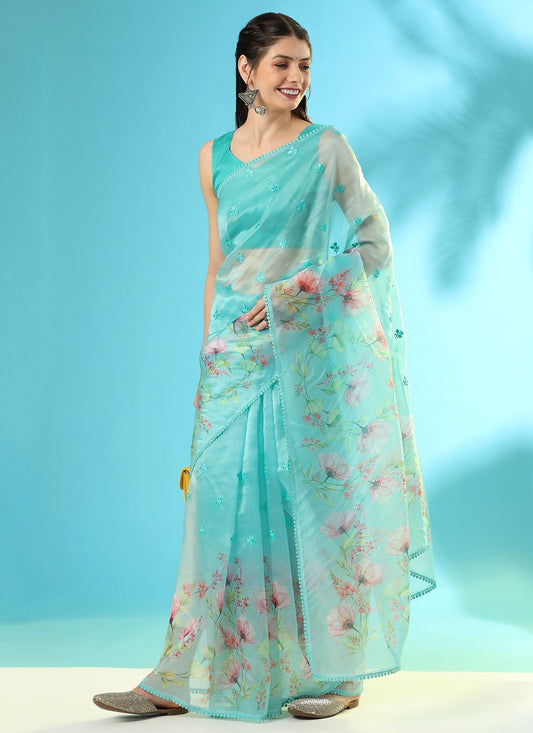 Contemporary Organza Silk Firozi Booti Saree