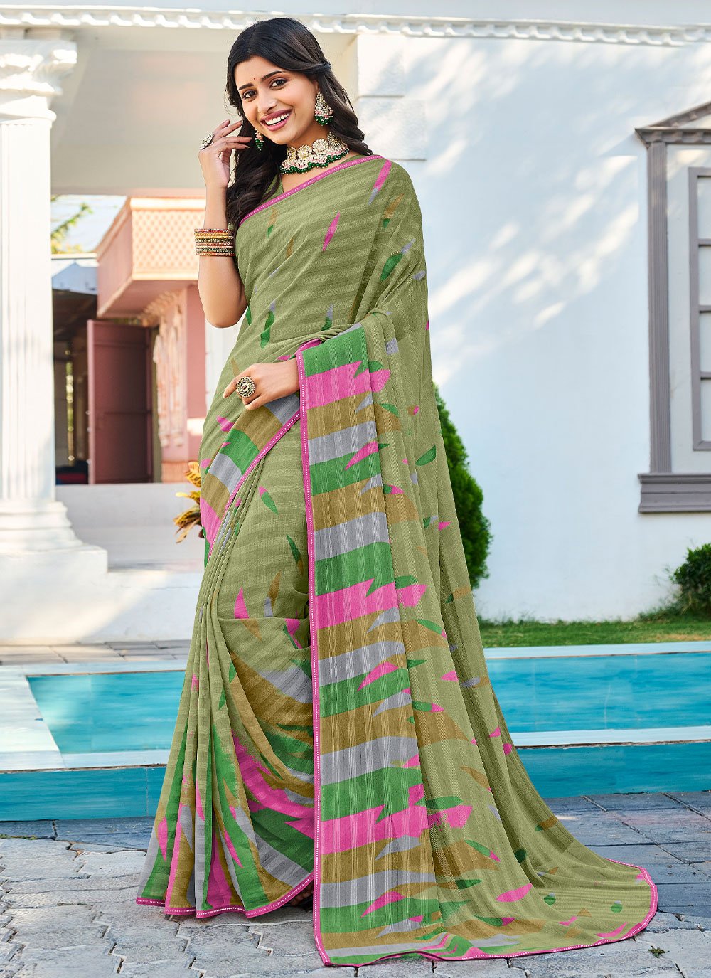 Contemporary Designer Georgette Green Fancy Work Saree